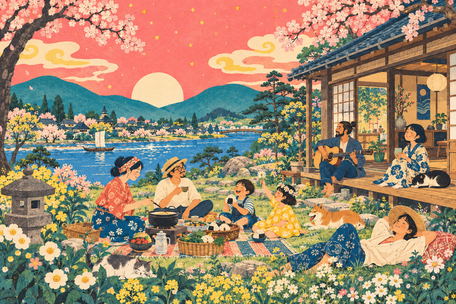 家の縁側や花咲く庭で、大人も子どもも、ご飯や音楽、休む時間を楽しむ。つくりたい暮らしを描いたイラスト。